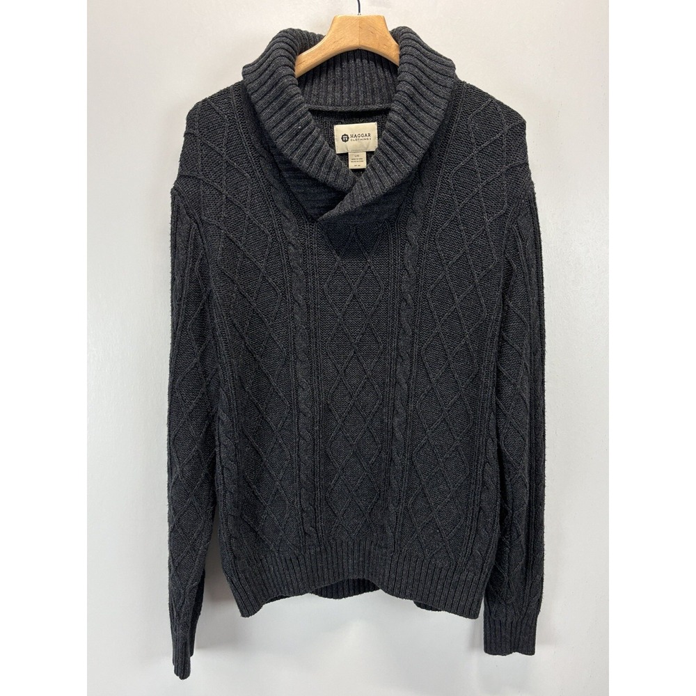Haggar Shawl Collar Sweater Mens L Gray Fisherman Cableknit Chunky Neutral